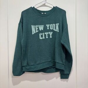 Wildfox New York City Graphic Knit Sweatshirt Teal Green Mens Medium Pullover